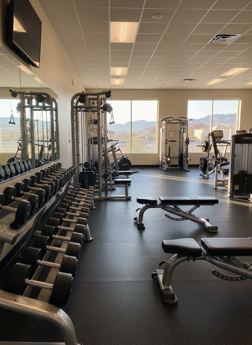 A wide, photographic realism shot of a bright, modern weight room in a family-owned gym in Spanish Fork, Utah. Rows of well-maintained black and silver dumbbells rest on sturdy racks, with textured rubber flooring beneath and neatly arranged benches nearby. In the mid-ground, a variety of strength machines and squat racks are visible, emphasizing accessibility rather than intimidation. Large front windows reveal a hint of the Utah landscape outside, letting in soft afternoon natural light that creates gentle highlights on metal surfaces. The space feels clean, organized, and welcoming, with clear walking paths and uncluttered equipment. Captured at eye level with sharp focus throughout, the atmosphere is professional yet inviting, ideal for visitors of all experience levels exploring membership options.