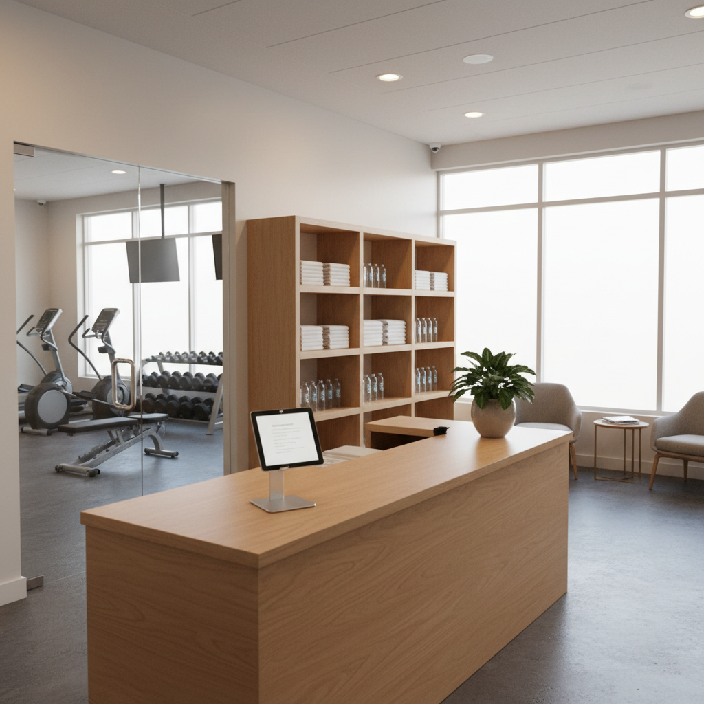 A welcoming front reception area of a neighborhood gym, photographed in realistic detail. A smooth, wood-grain check-in counter with a subtle matte finish anchors the foreground, with a sleek tablet stand and a small pot of greenery adding warmth. Behind the desk, minimalist shelving holds neatly folded gym towels and water bottles, avoiding any branded text. To the side, a glass door opens toward the main workout floor, where cardio machines and free weights are softly visible in the background. Natural daylight from large front windows mixes with warm overhead lighting, creating a bright, approachable atmosphere. Shot from a slightly elevated angle with a balanced composition, the image emphasizes an easy, non-intimidating entry experience for potential members.