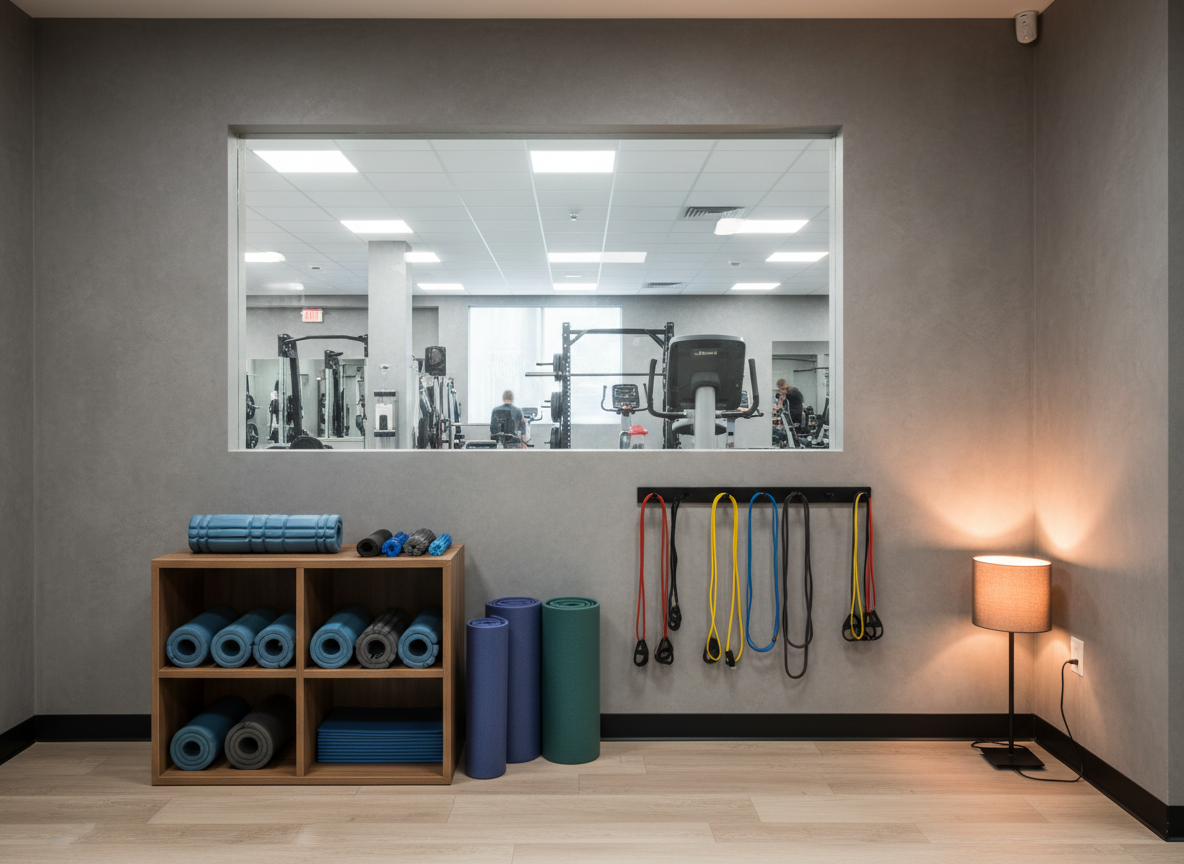 A quiet, dedicated stretching and recovery corner of a professional gym, captured with photographic realism. Several neatly rolled foam rollers in slate blue and charcoal rest in a minimalist storage rack, alongside yoga mats and light resistance bands organized by type. The area is set apart by soft gray walls and lighter wood-look flooring, creating a calm contrast to the main workout space glimpsed in the blurred background. A large interior window lets in diffused light from the main gym, while a small floor lamp adds a warm, comforting glow. Shot at eye level with a shallow depth of field, the focus remains on the tidy recovery tools. The mood is relaxed and non-intimidating, emphasizing that this gym supports all stages of fitness, from warm-up to cool-down.