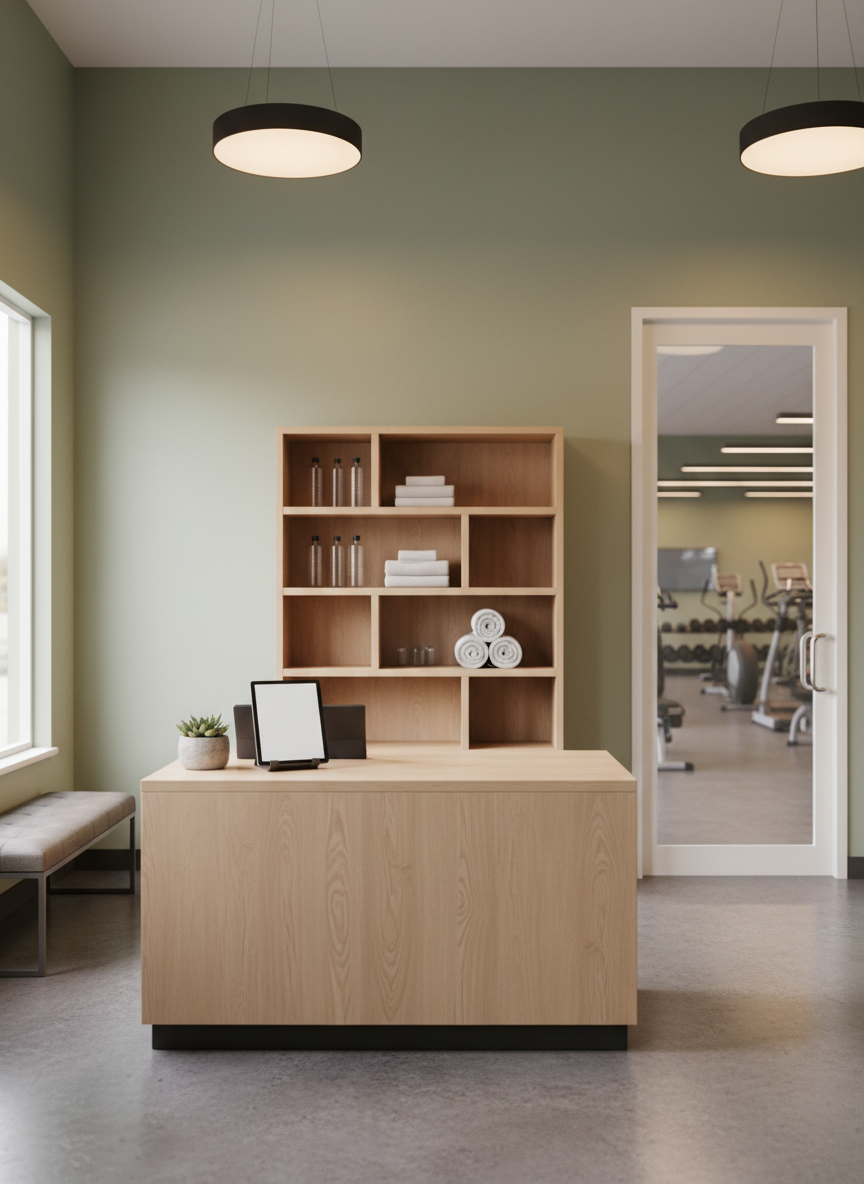 A welcoming front reception area of a neighborhood gym, photographed in realistic detail. A smooth, wood-grain check-in counter with a subtle matte finish anchors the foreground, with a sleek tablet stand and a small pot of greenery adding warmth. Behind the desk, minimalist shelving holds neatly folded gym towels and water bottles, avoiding any branded text. To the side, a glass door opens toward the main workout floor, where cardio machines and free weights are softly visible in the background. Natural daylight from large front windows mixes with warm overhead lighting, creating a bright, approachable atmosphere. Shot from a slightly elevated angle with a balanced composition, the image emphasizes an easy, non-intimidating entry experience for potential members.