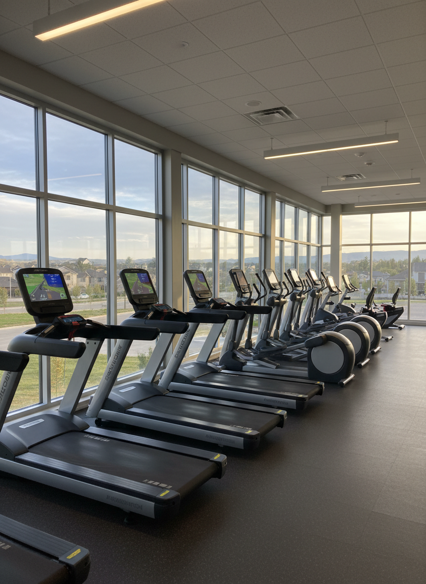 A panoramic, photographic realism view of a mixed cardio area in a friendly local gym. A row of modern treadmills with clear digital displays faces large, floor-to-ceiling windows, showing a soft, out-of-focus hint of Spanish Fork’s suburban streets and distant hills. Adjacent to the treadmills, ellipticals and stationary bikes are arranged with generous space between them to prevent a crowded feel. The machines feature subtle black and gray finishes with silver accents, appearing clean and well-maintained. Late-morning natural light pours through the windows, combined with even overhead lighting, creating a bright, energizing environment with minimal shadows. Captured from a slightly elevated corner vantage point, the composition reveals depth and layout, conveying a sense of openness and accessibility suitable for all fitness levels.