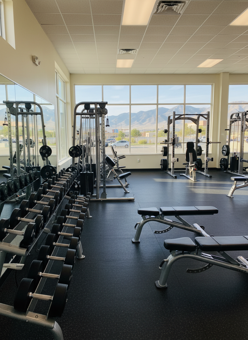 A wide, photographic realism shot of a bright, modern weight room in a family-owned gym in Spanish Fork, Utah. Rows of well-maintained black and silver dumbbells rest on sturdy racks, with textured rubber flooring beneath and neatly arranged benches nearby. In the mid-ground, a variety of strength machines and squat racks are visible, emphasizing accessibility rather than intimidation. Large front windows reveal a hint of the Utah landscape outside, letting in soft afternoon natural light that creates gentle highlights on metal surfaces. The space feels clean, organized, and welcoming, with clear walking paths and uncluttered equipment. Captured at eye level with sharp focus throughout, the atmosphere is professional yet inviting, ideal for visitors of all experience levels exploring membership options.