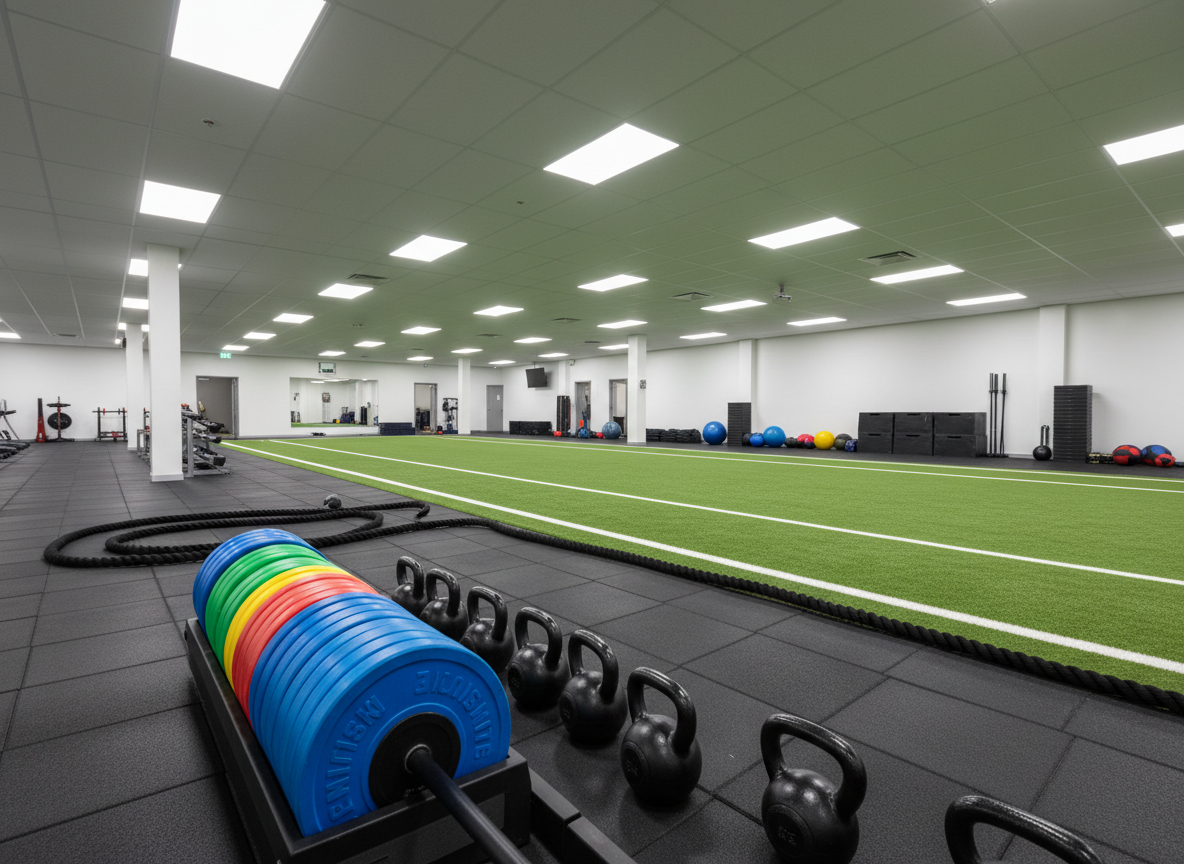 A clean, spacious functional training zone inside a community-focused gym, rendered in photographic realism. In the foreground, a set of colorful bumper plates lines a low rack beside sturdy kettlebells with textured matte finishes. A wide stretch of turf with clearly marked lanes extends into the distance, bordered by battle ropes, plyometric boxes, and medicine balls. The flooring transitions smoothly from rubber to turf, creating visual zones without clutter. Overhead LED lights cast even, neutral illumination, reducing harsh shadows and highlighting the pristine condition of the equipment. Captured from a low, three-quarter angle to show depth, the mood is energetic but approachable, suggesting a space where both beginners and advanced athletes can train confidently without feeling overwhelmed.